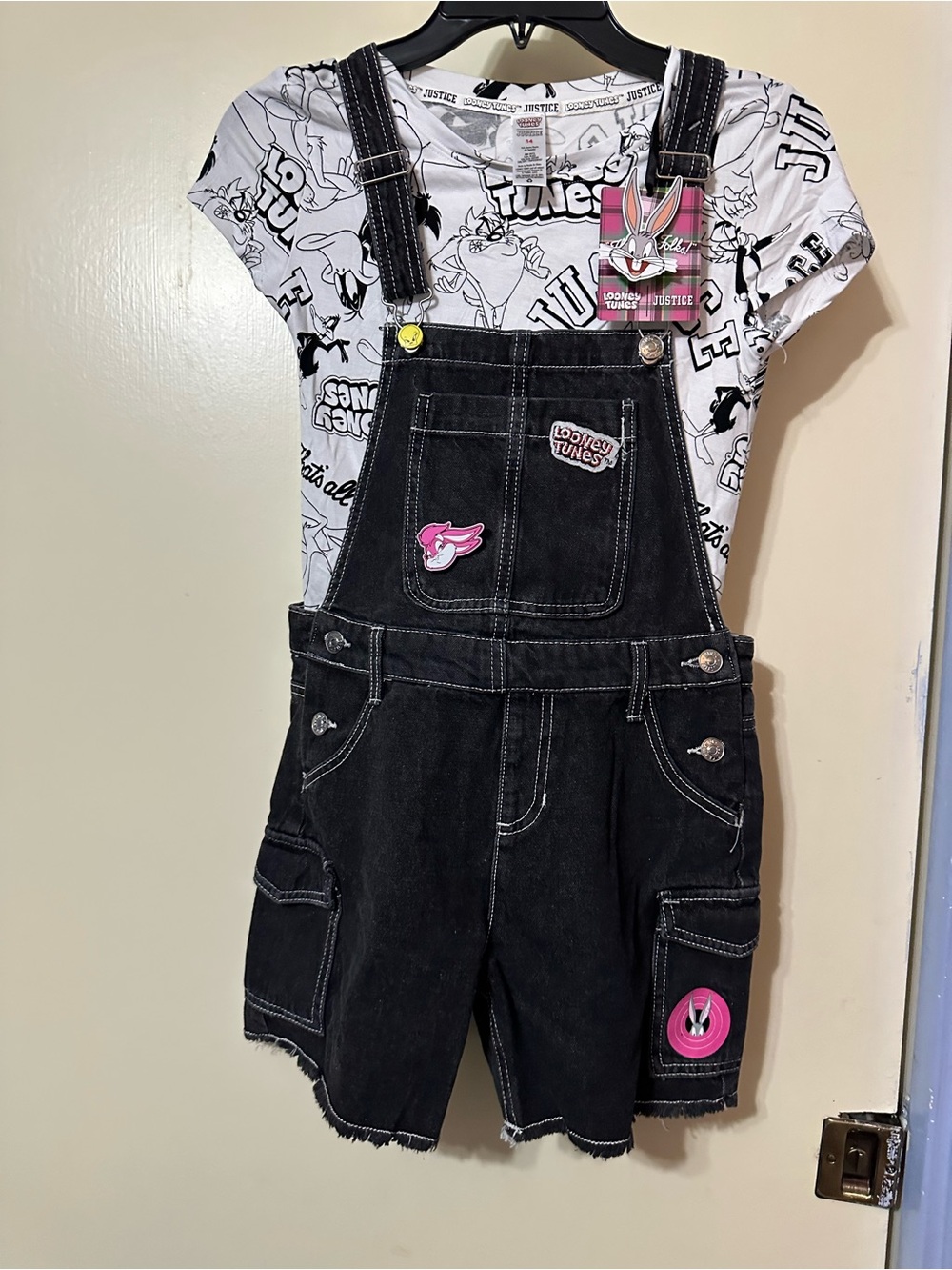 Warner Bros. Black Denim Short Overalls with Looney Tunes Patches